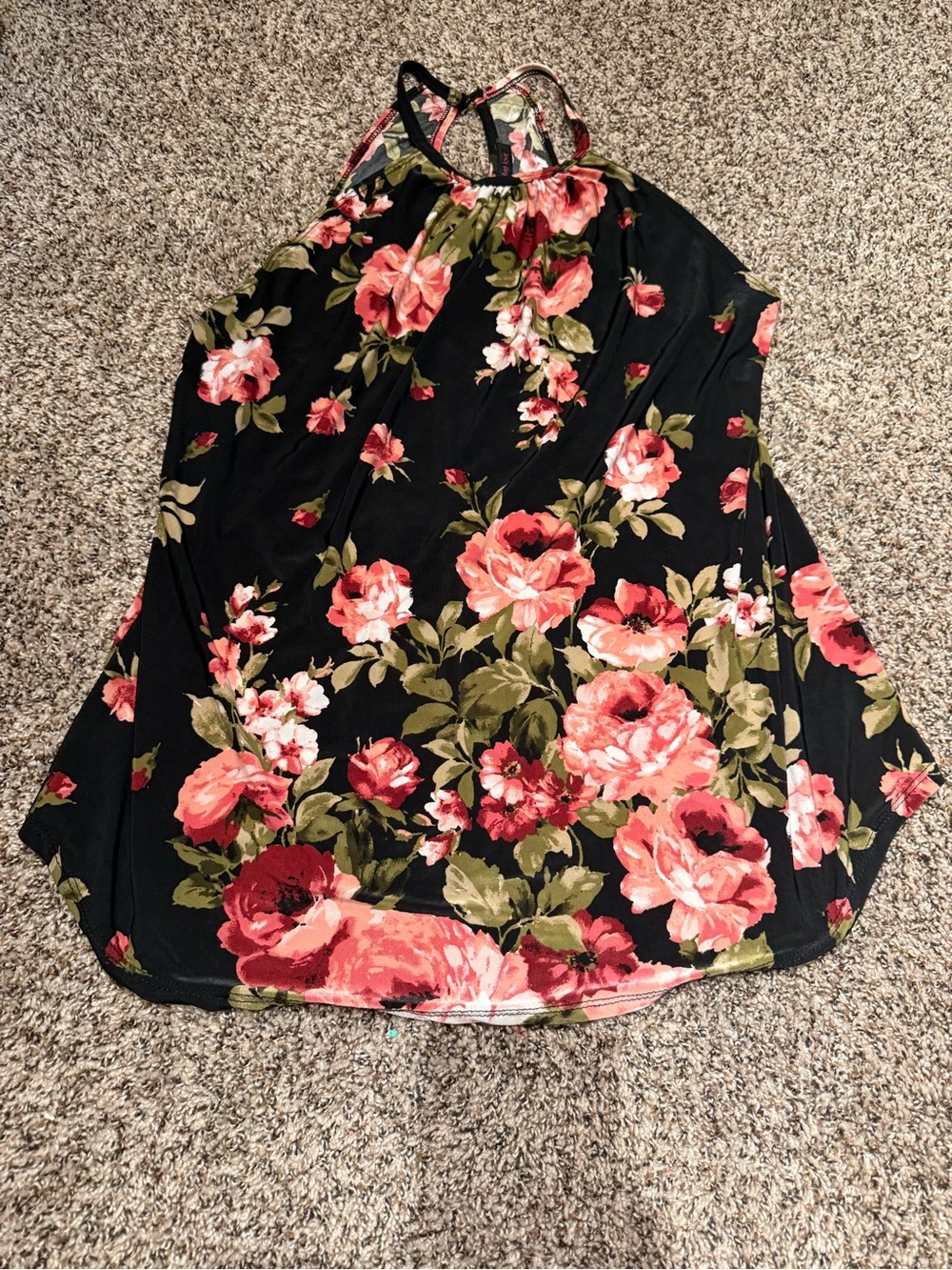 First Love Black Floral Halter Camisole with Pink Roses